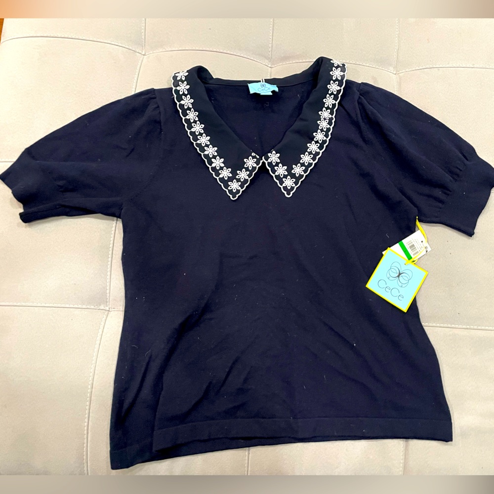 Cece Cotton Embroidered-Collar Sweater